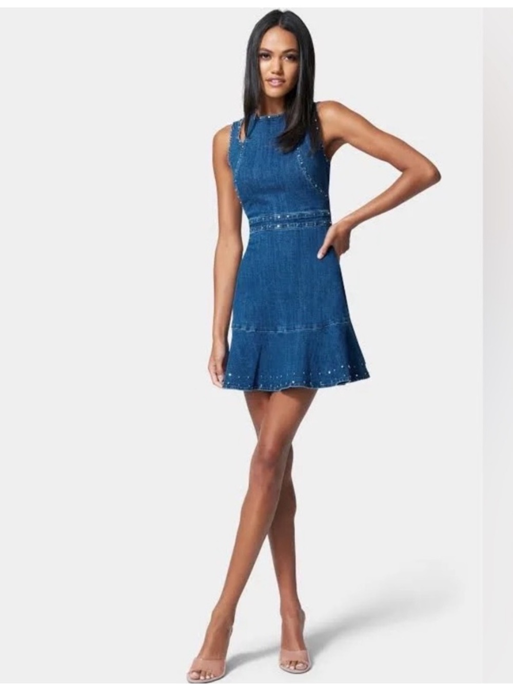 Bebe Denim Mini Dress with Stud Trim